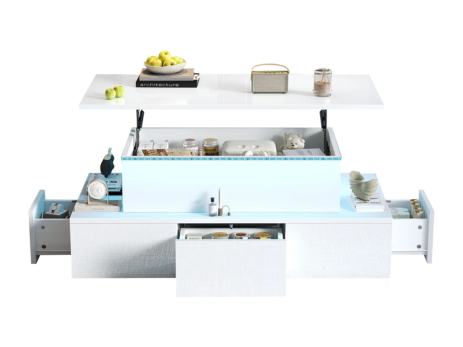 Höhenverstellbarer Couchtisch 100x50x40cm - mit 4 Schubladen - mit LED - Versteckter Stauraum - Hochglanzfinish - MDF - Weiß