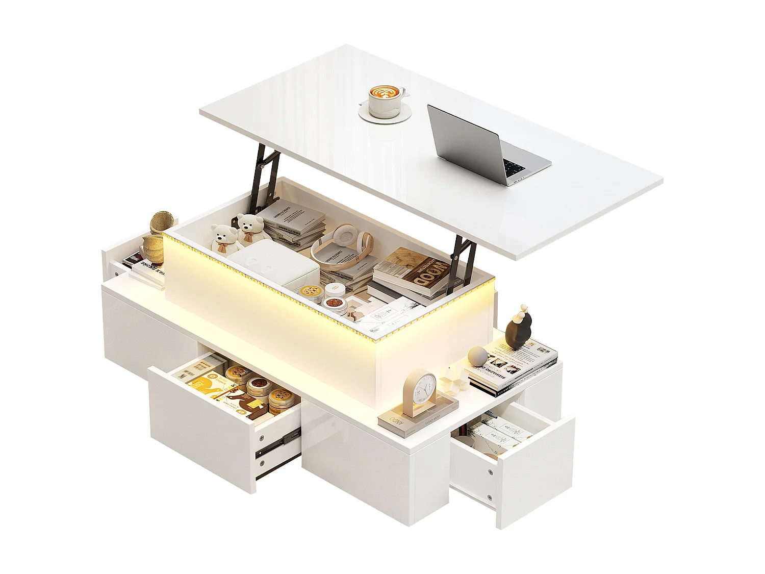 Verstelbare salontafel 100x50x40cm - met 4 laden - met LED - Verborgen opbergruimte - Glanzafwerking - MDF - Wit