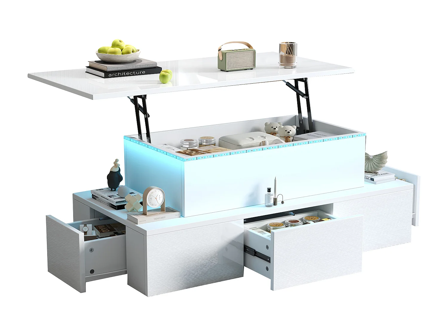 Verstelbare salontafel 100x50x40cm - met 4 laden - met LED - Verborgen opbergruimte - Glanzafwerking - MDF - Wit