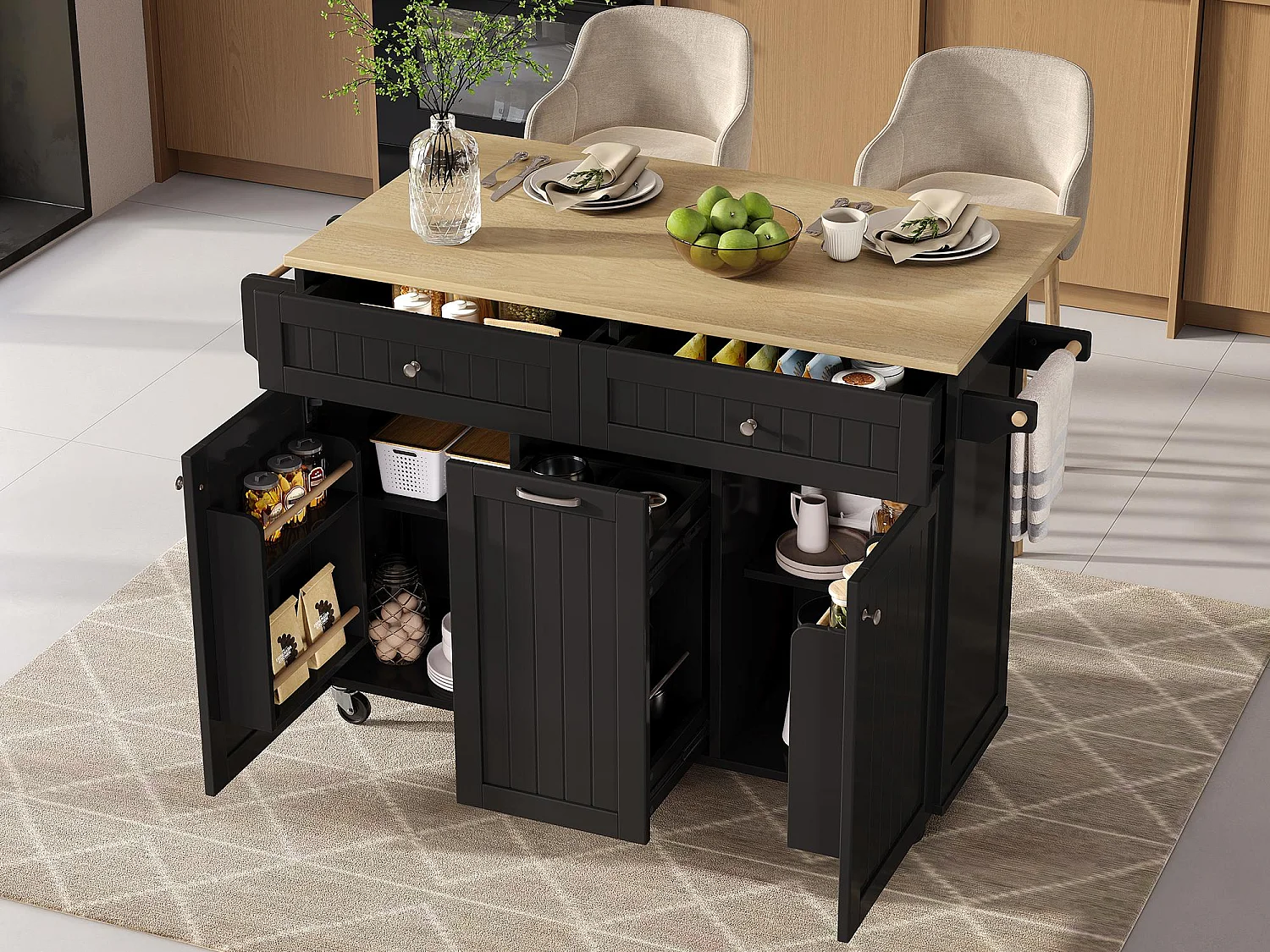 Ilot central de cuisine mobile 140x40x92cm - plateau extensible - espace de rangement multifonctionnel - noir