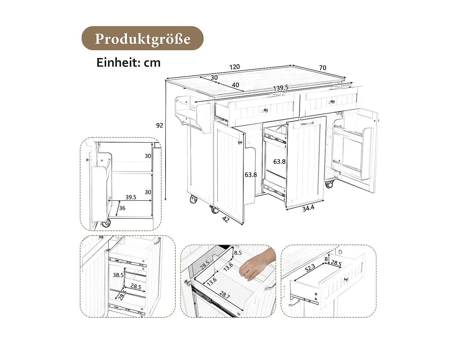 Ilot central de cuisine mobile 140x40x92cm - plateau extensible - espace de rangement multifonctionnel - noir