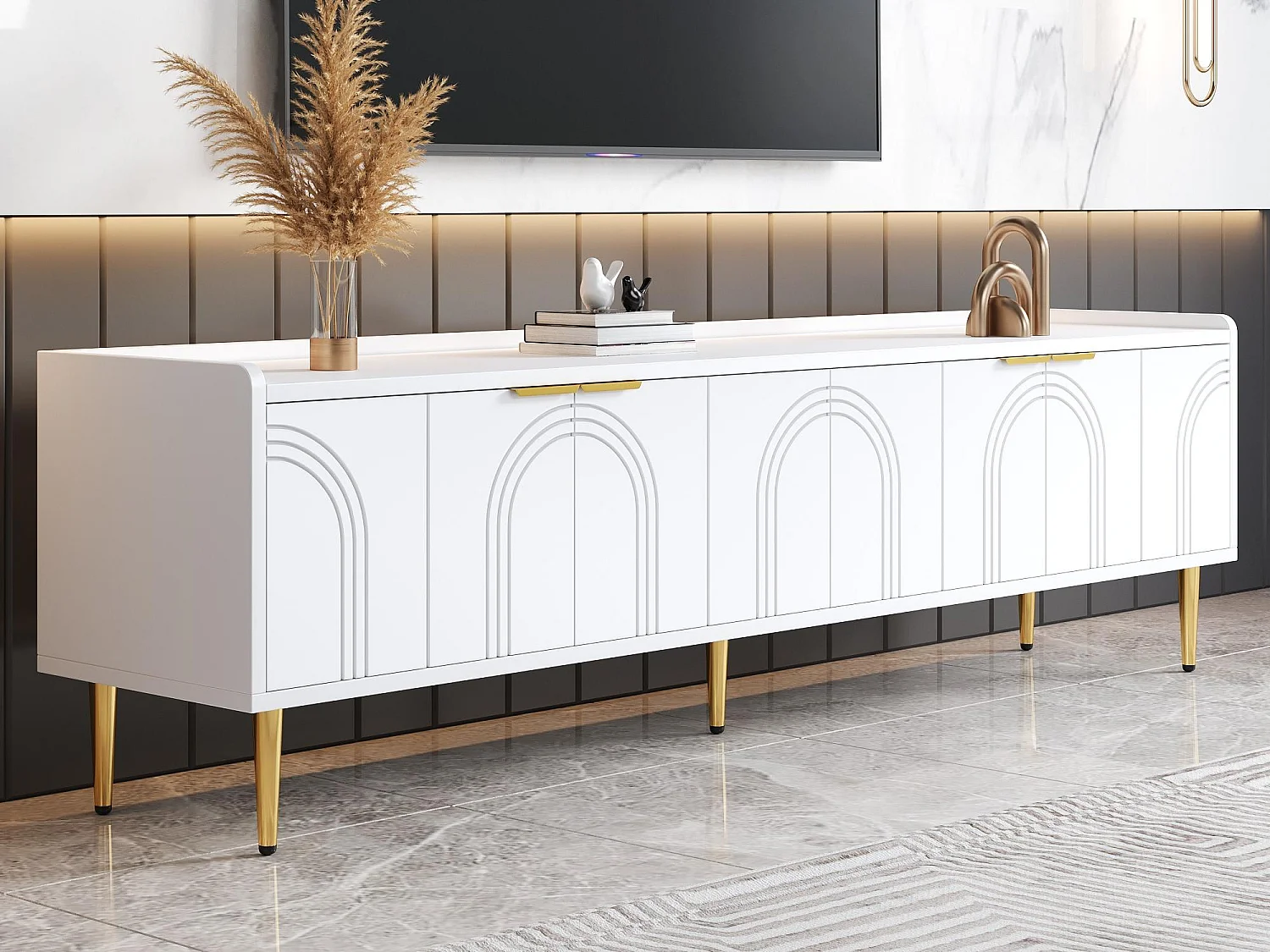 TV-Schrank 170x35x47,5 cm - 4 Türen - mit Einlegeböden - Metallfüße - MDF - Weiß