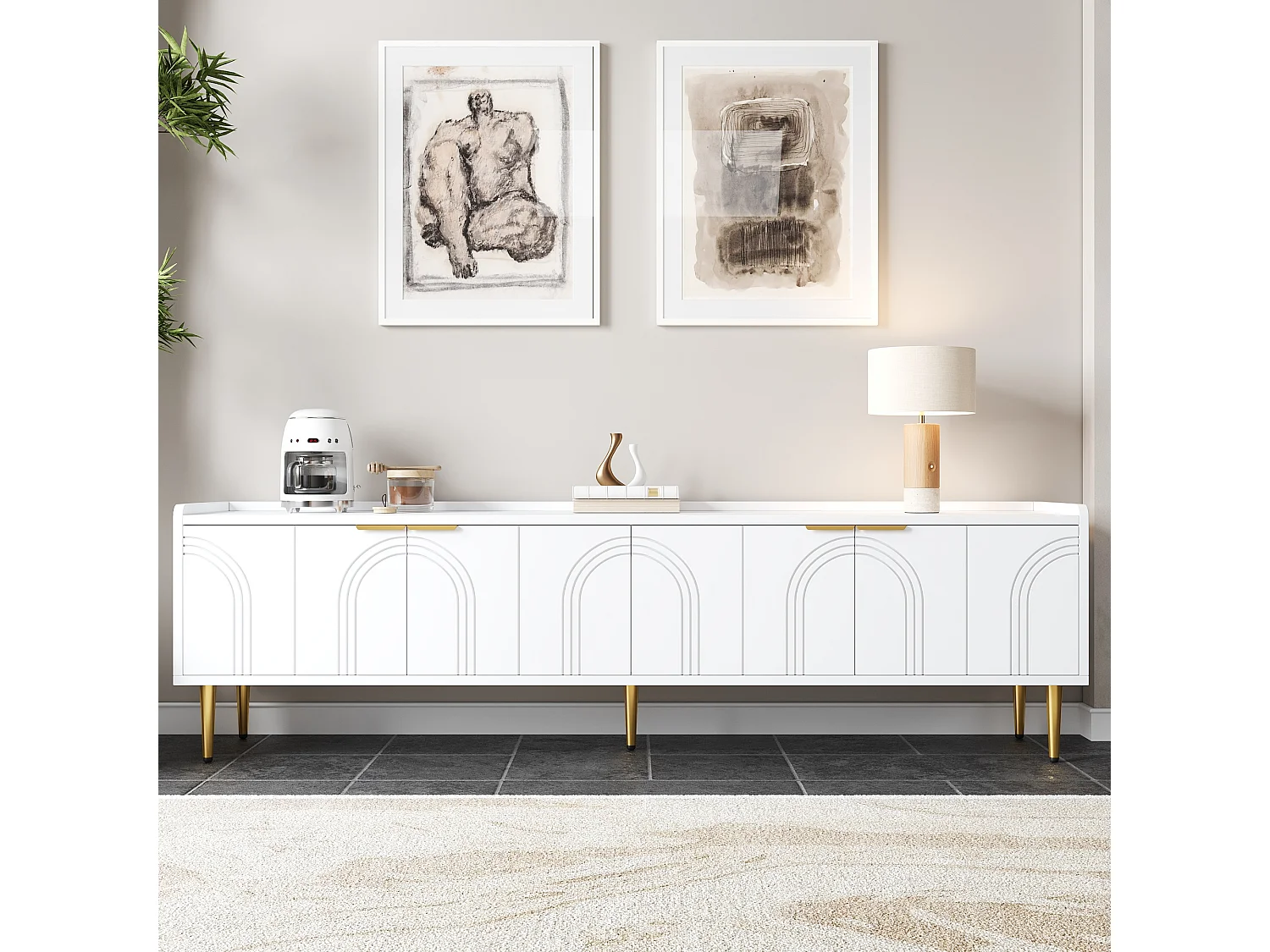 TV-Schrank 170x35x47,5 cm - 4 Türen - mit Einlegeböden - Metallfüße - MDF - Weiß