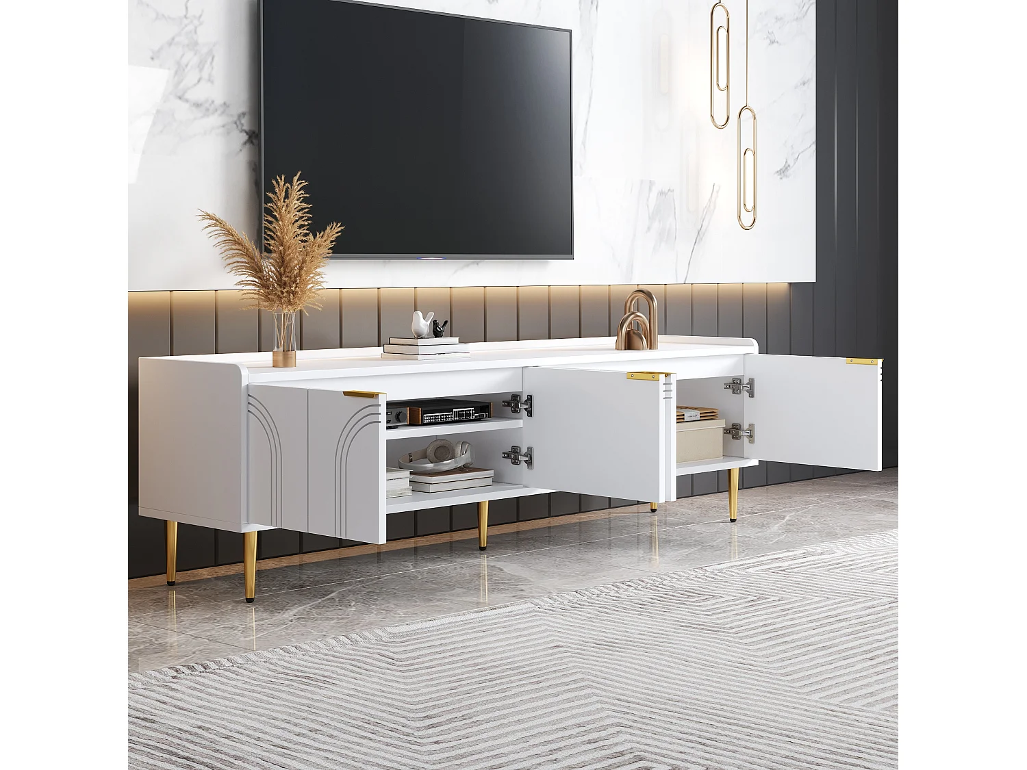 Mobile per TV 170x35x47,5 cm - 4 ante - con ripiani - Gambe in metallo - MDF - Bianco