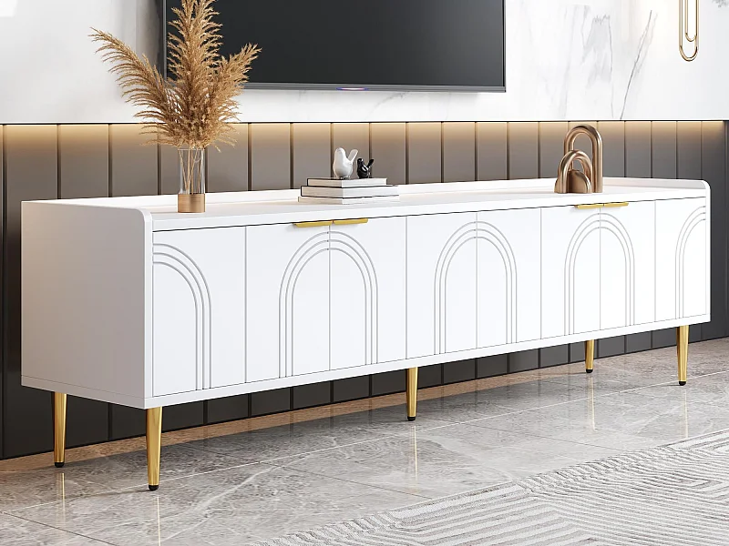 Meuble TV 170x35x47,5 cm - 4 portes - avec étagères - Pieds en métal - MDF - Blanc