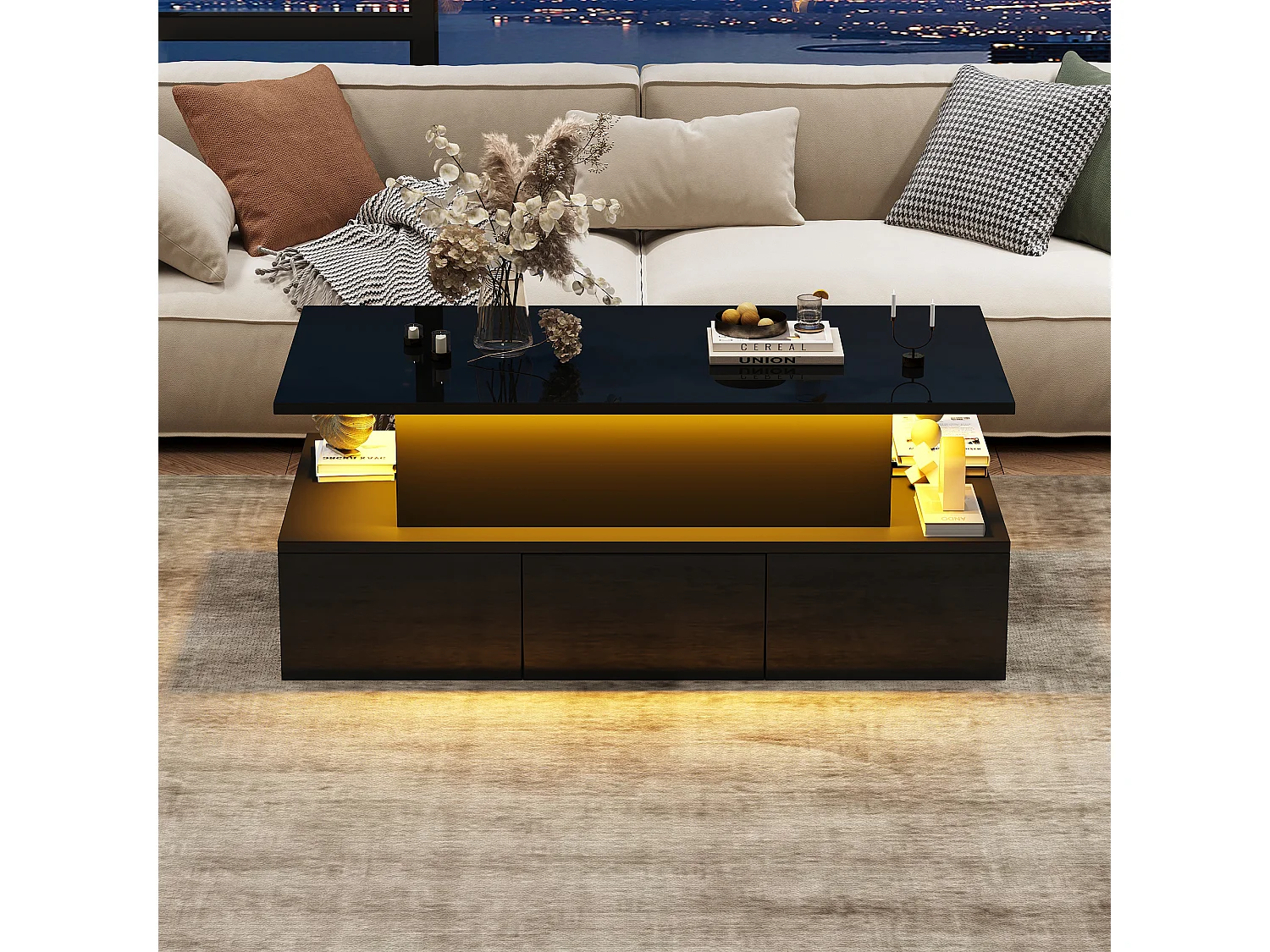 Höhenverstellbarer Couchtisch 100x50x40cm - mit 4 Schubladen - mit LED - Versteckter Stauraum - Hochglanzfinish - MDF - ​​Schwarz​