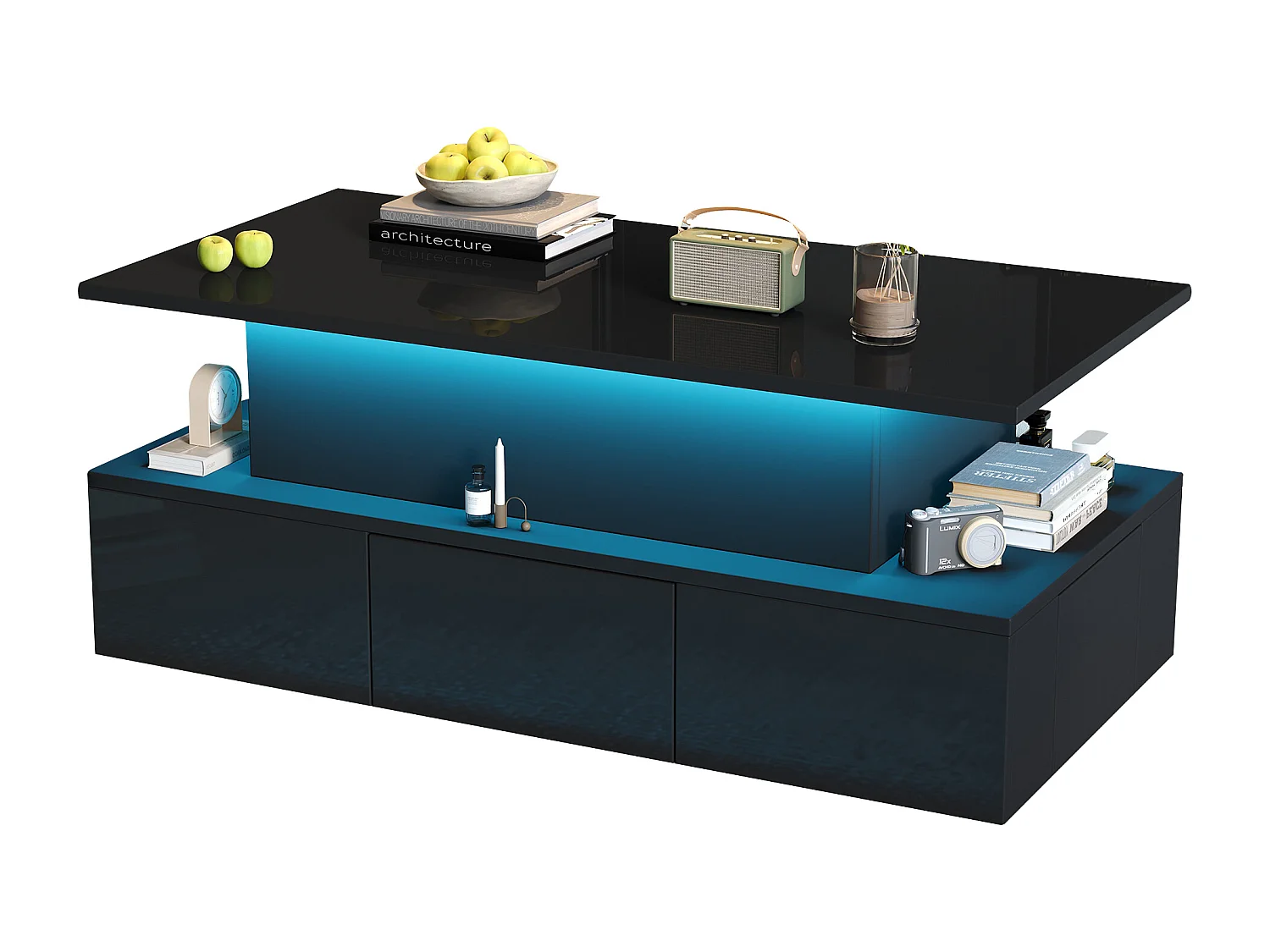 Höhenverstellbarer Couchtisch 100x50x40cm - mit 4 Schubladen - mit LED - Versteckter Stauraum - Hochglanzfinish - MDF - ​​Schwarz​