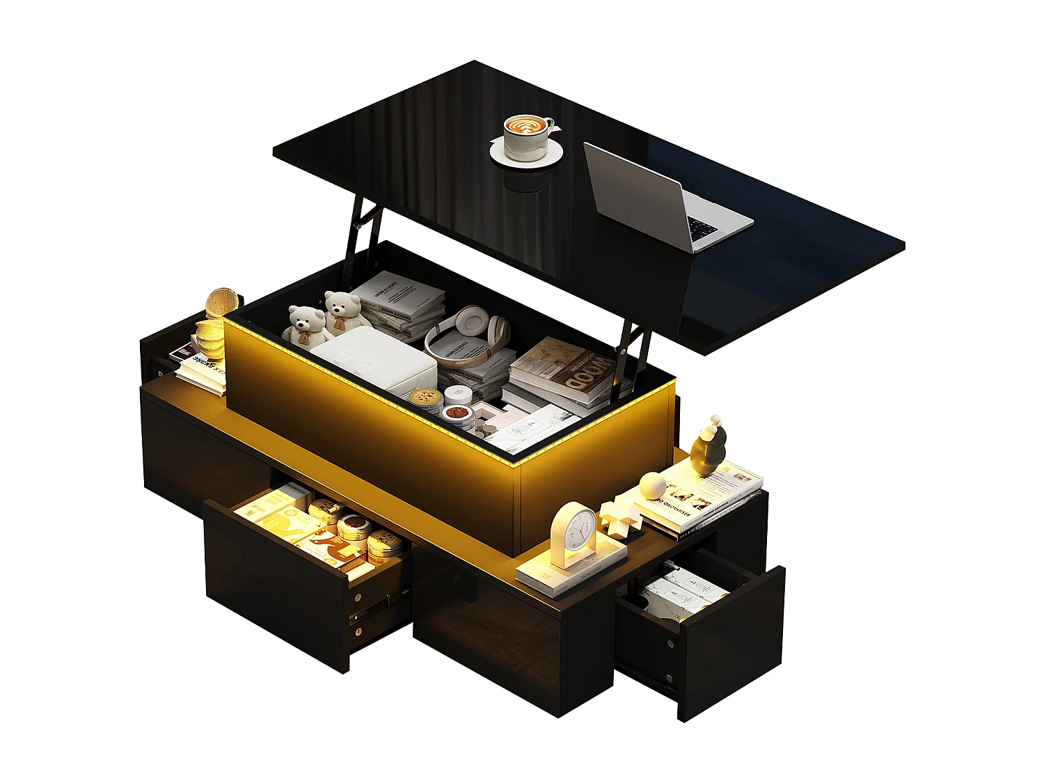 Höhenverstellbarer Couchtisch 100x50x40cm - mit 4 Schubladen - mit LED - Versteckter Stauraum - Hochglanzfinish - MDF - ​​Schwarz​