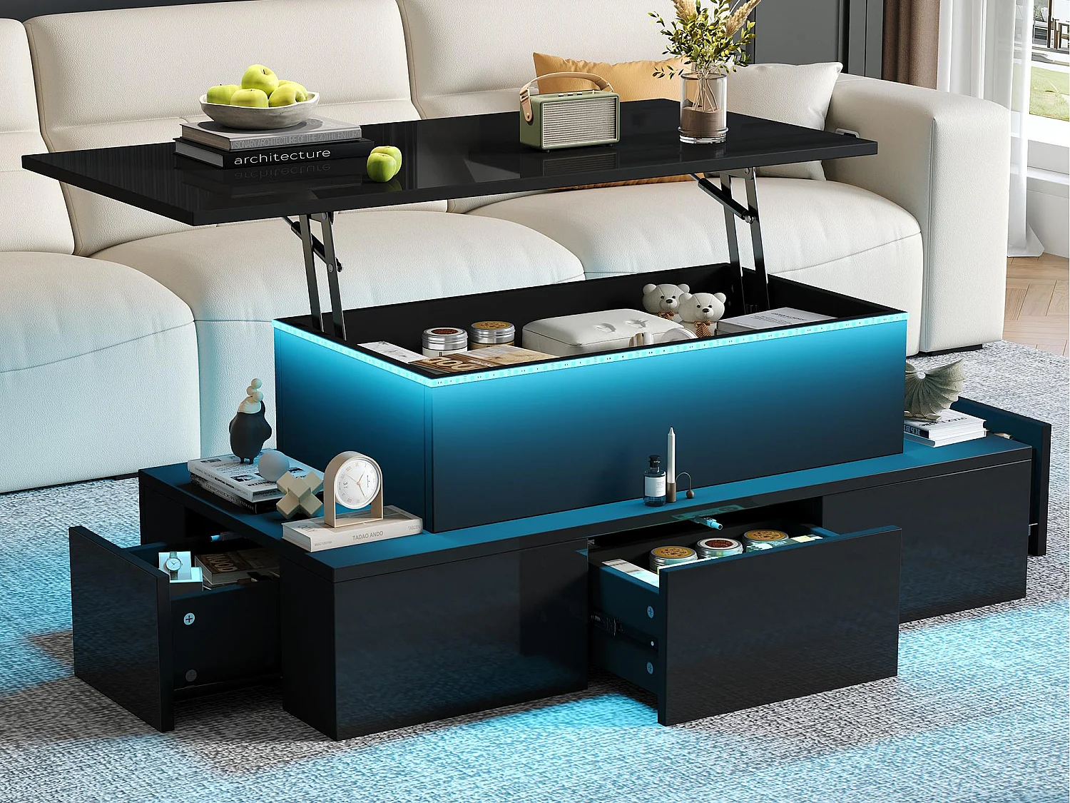 Mesa de centro elevable 100x50x40cm - con 4 cajones - con LED - Almacenamiento oculto - Acabado brillante - MDF - ​​Negro​