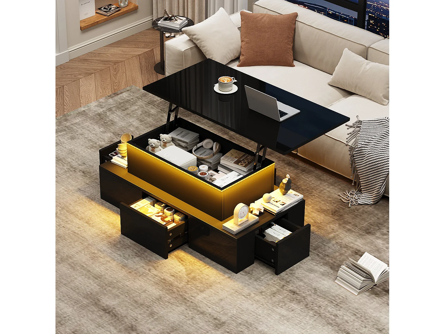 Mesa de centro elevable 100x50x40cm - con 4 cajones - con LED - Almacenamiento oculto - Acabado brillante - MDF - ​​Negro​