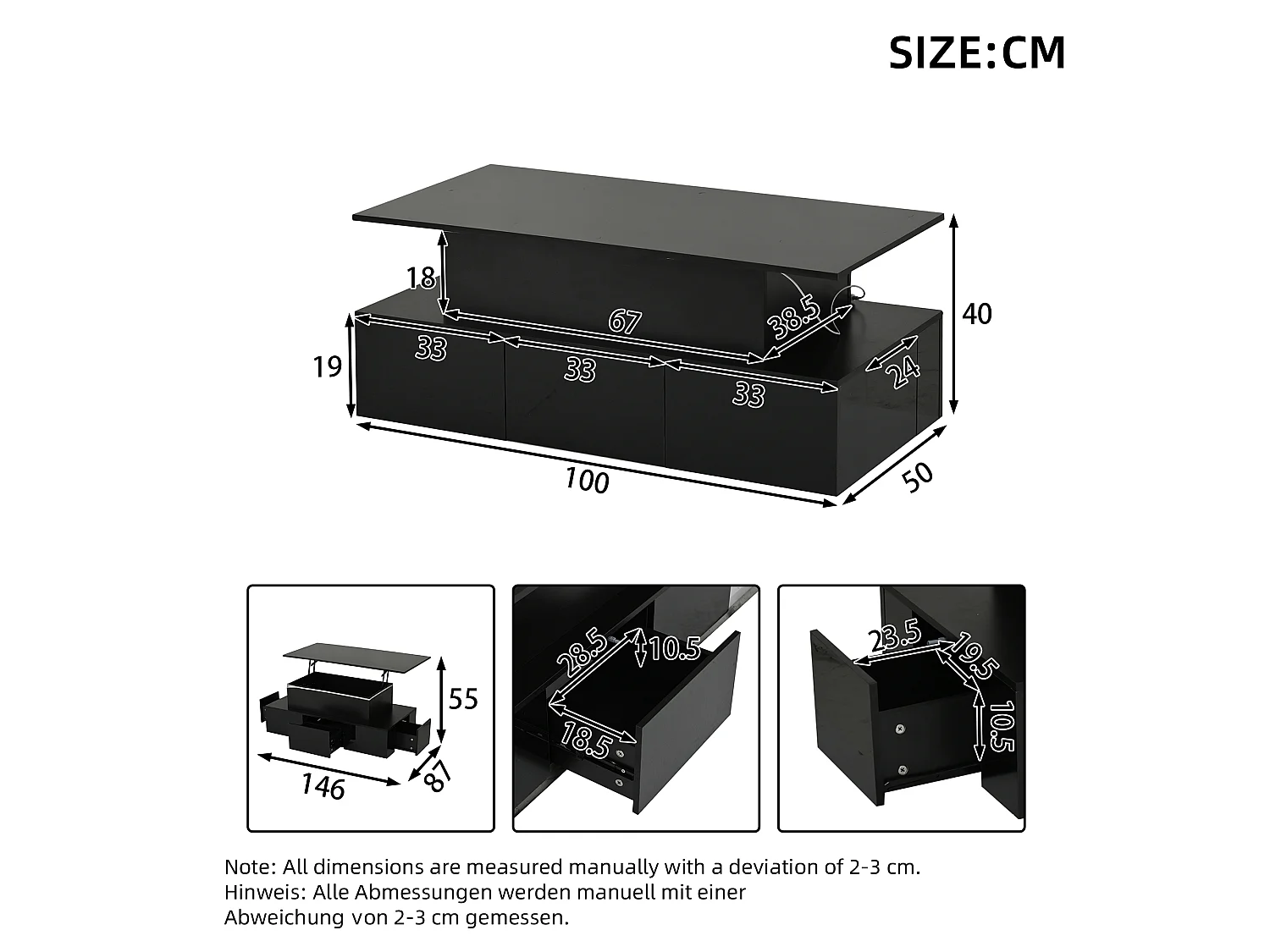 Mesa de centro elevable 100x50x40cm - con 4 cajones - con LED - Almacenamiento oculto - Acabado brillante - MDF - ​​Negro​