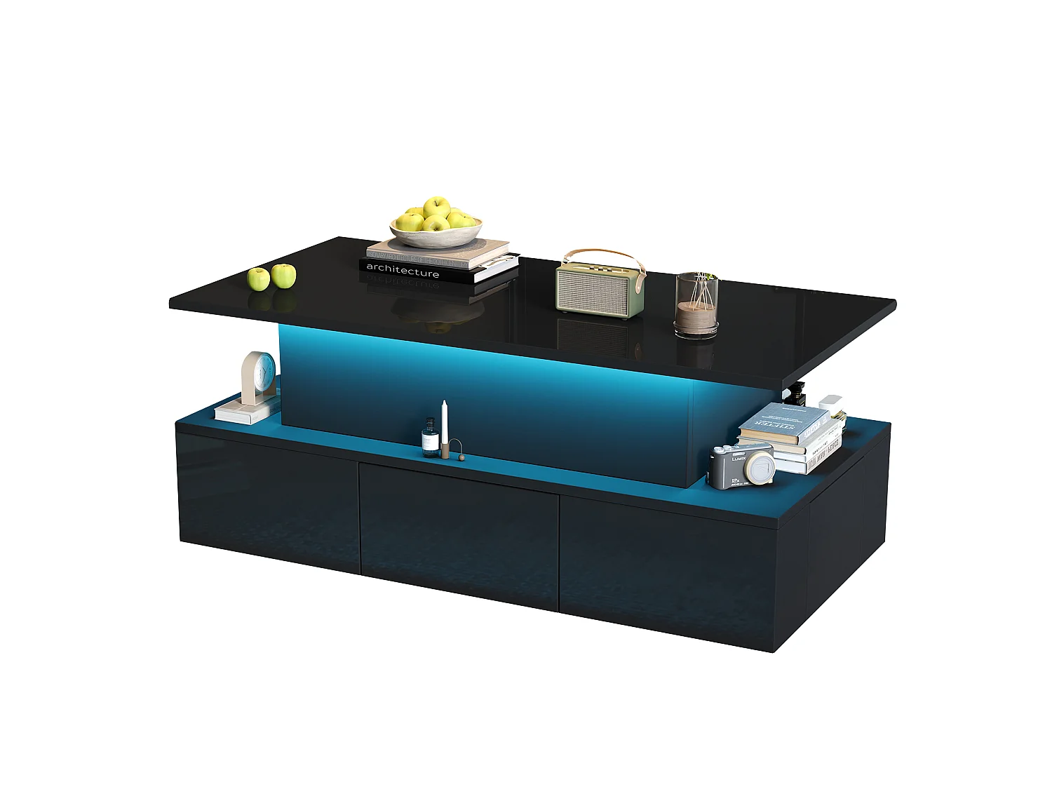 Mesa de centro elevable 100x50x40cm - con 4 cajones - con LED - Almacenamiento oculto - Acabado brillante - MDF - ​​Negro​
