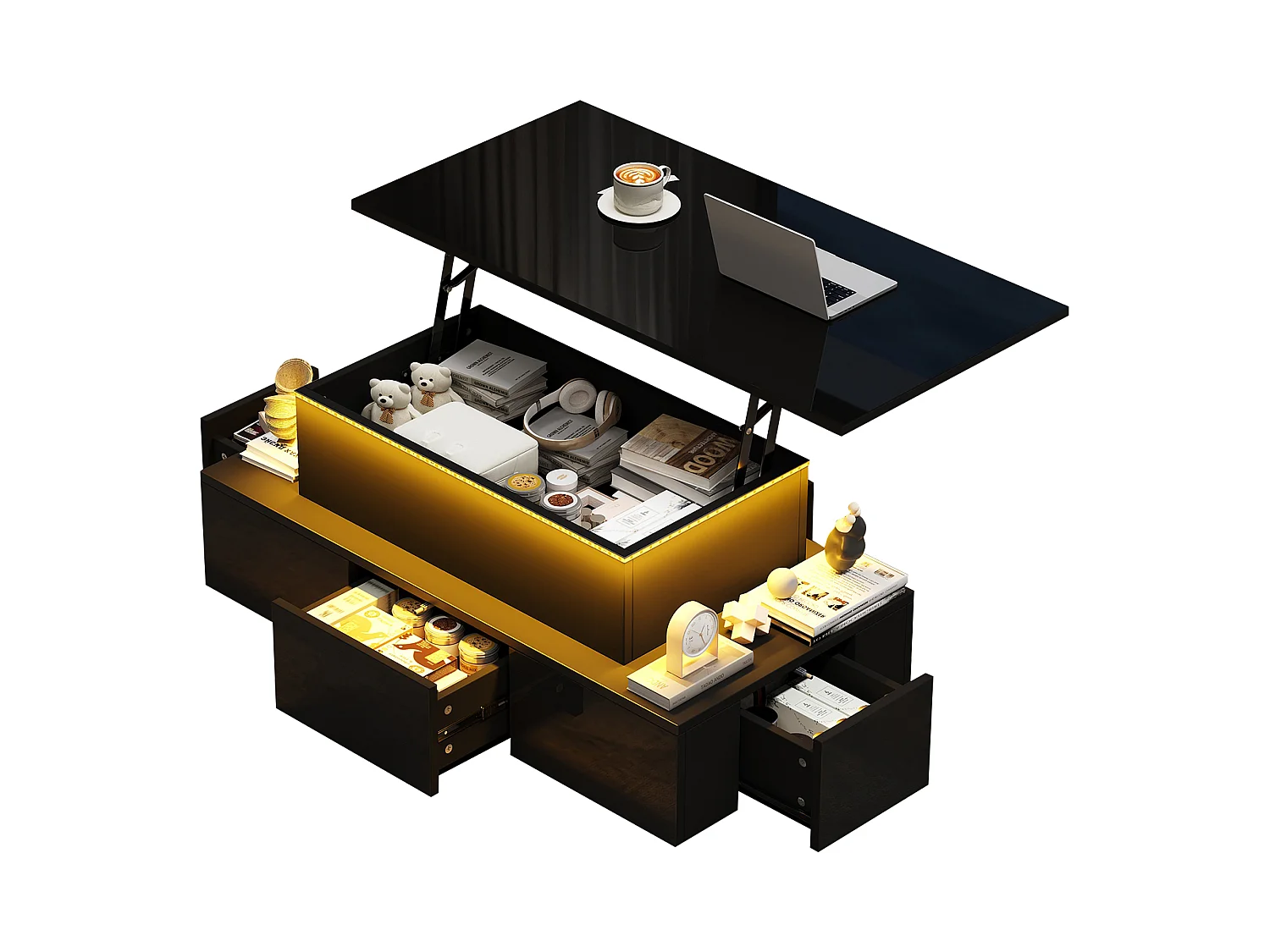 Mesa de centro elevable 100x50x40cm - con 4 cajones - con LED - Almacenamiento oculto - Acabado brillante - MDF - ​​Negro​