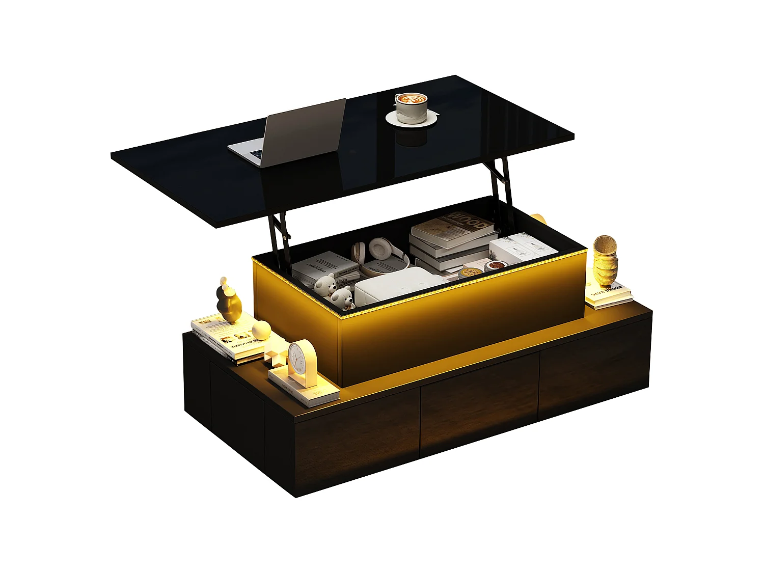 Mesa de centro elevable 100x50x40cm - con 4 cajones - con LED - Almacenamiento oculto - Acabado brillante - MDF - ​​Negro​