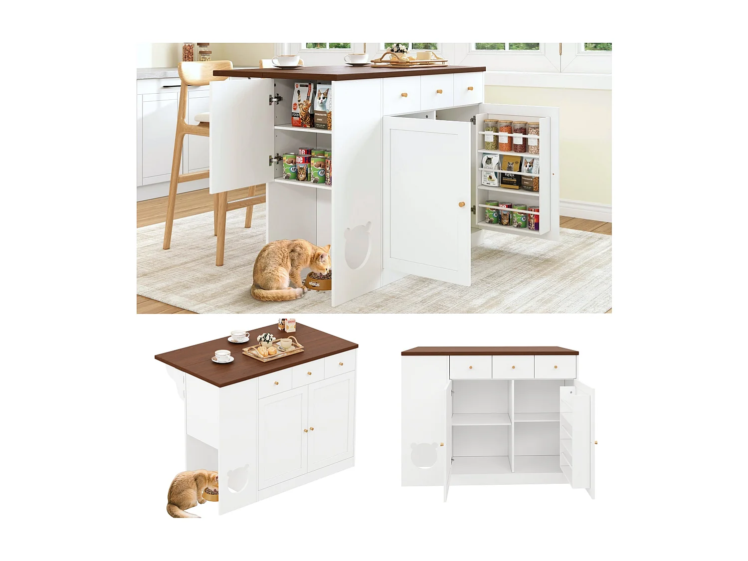 Ausziehbare Kücheninsel 120x70x90cm - mit Platz für Haustiere - 3 Schubladen und 2 Türen - weiß+natur