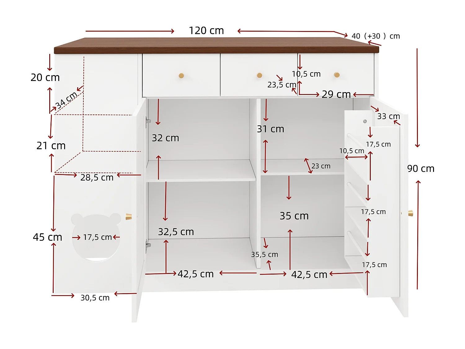 Ausziehbare Kücheninsel 120x70x90cm - mit Platz für Haustiere - 3 Schubladen und 2 Türen - weiß+natur