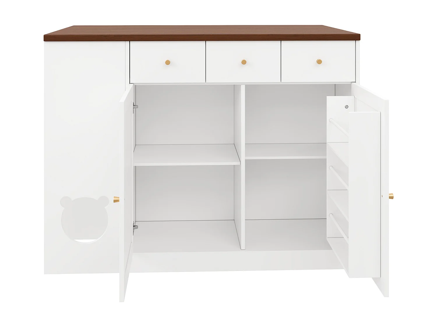 Ausziehbare Kücheninsel 120x70x90cm - mit Platz für Haustiere - 3 Schubladen und 2 Türen - weiß+natur