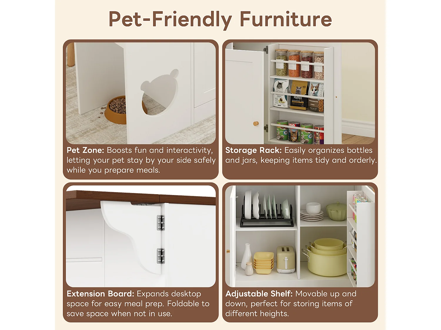 Îlot central de cuisine extensible 120x70x90cm - avec espace pour animaux - 3 tiroirs et 2 portes - blanc+naturel