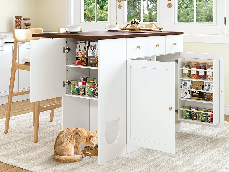 Uitschuifbaar keukeneiland 120x70x90cm - met ruimte voor huisdieren - 3 lades en 2 deuren - wit+natuur