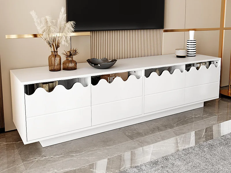 Moderner TV-Schrank 170x40x45cm - mit 4 Türen - wellenförmiges Design - MDF + Spanplatten - Weiß
