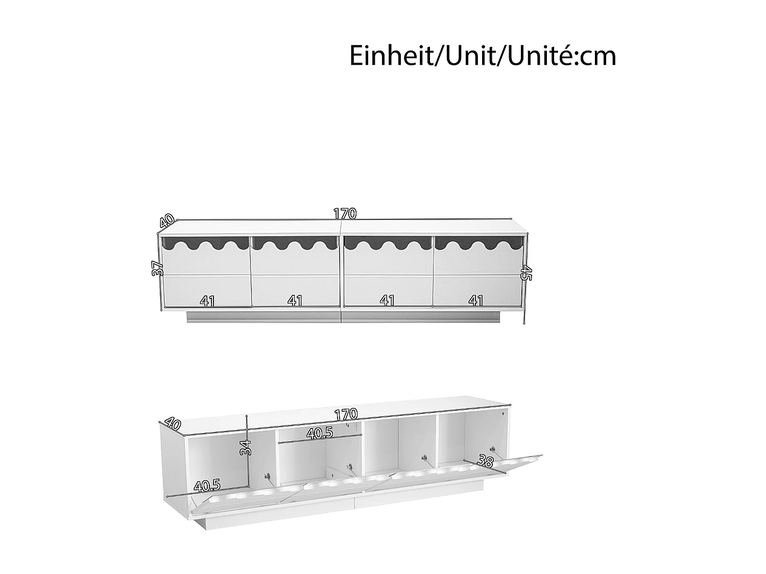 Moderner TV-Schrank 170x40x45cm - mit 4 Türen - wellenförmiges Design - MDF + Spanplatten - Weiß