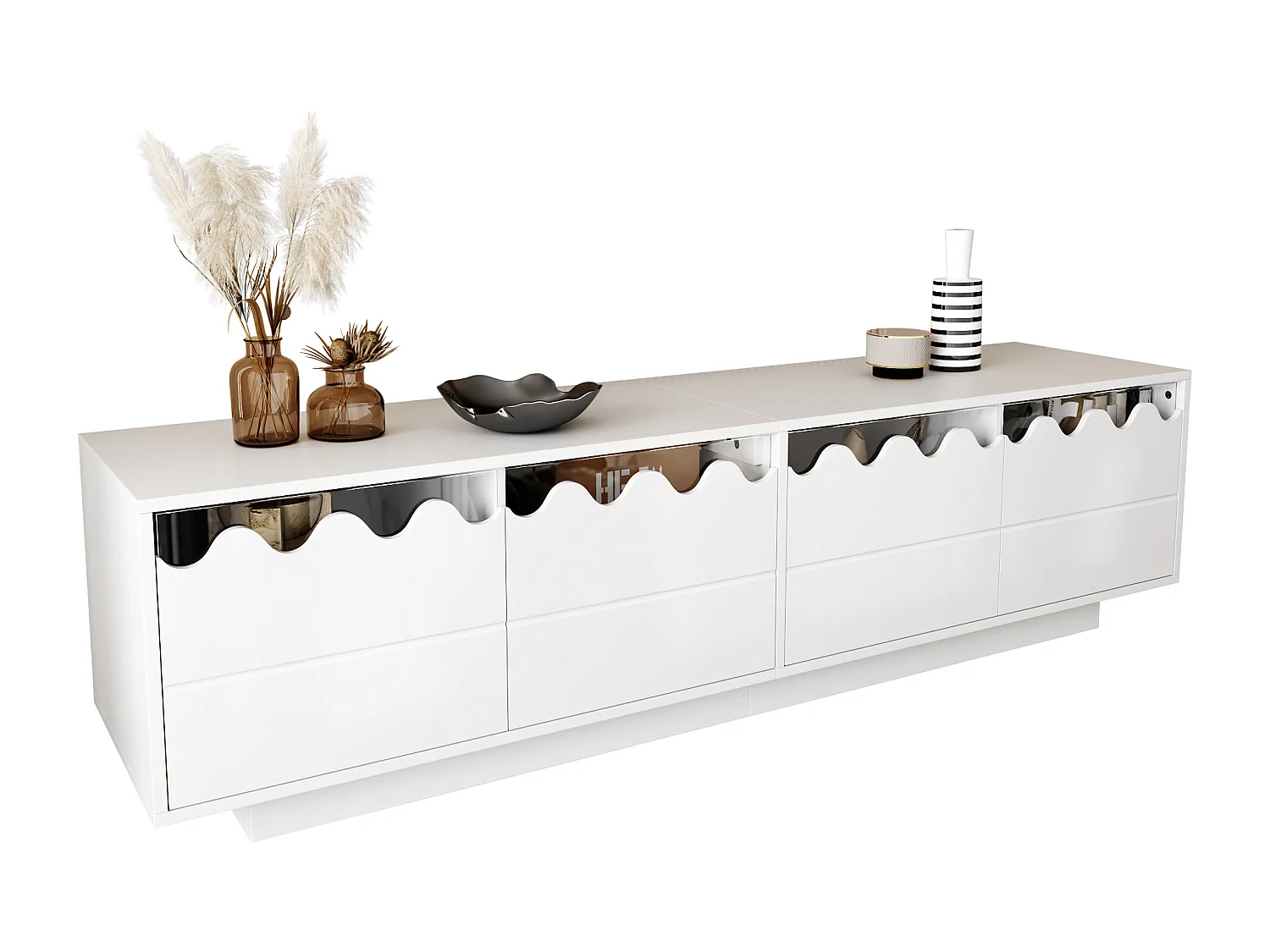 Moderner TV-Schrank 170x40x45cm - mit 4 Türen - wellenförmiges Design - MDF + Spanplatten - Weiß