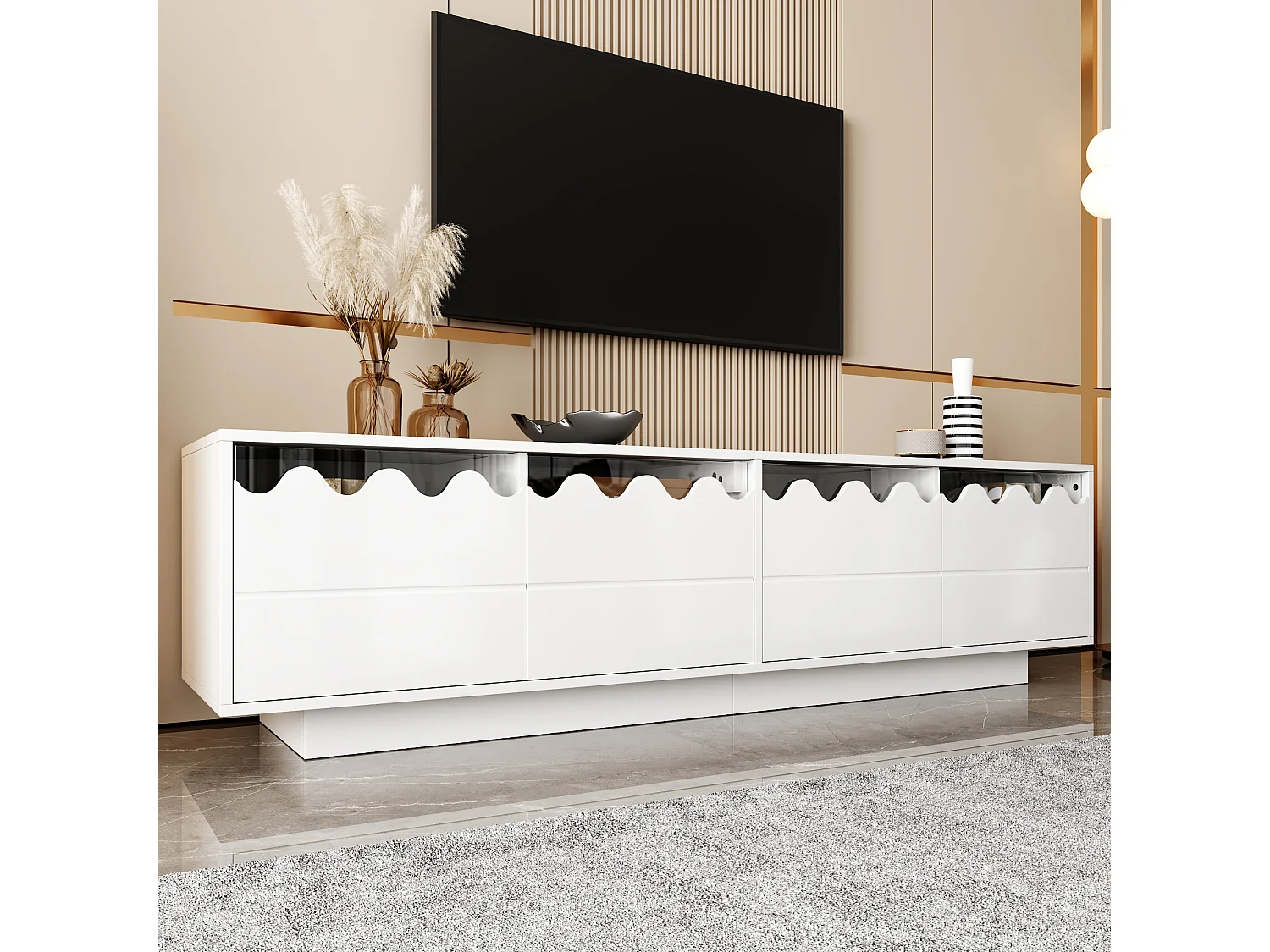 Mobile per TV moderno 170x40x45cm - con 4 ante - design ondulato - MDF + pannelli di particelle - Bianco