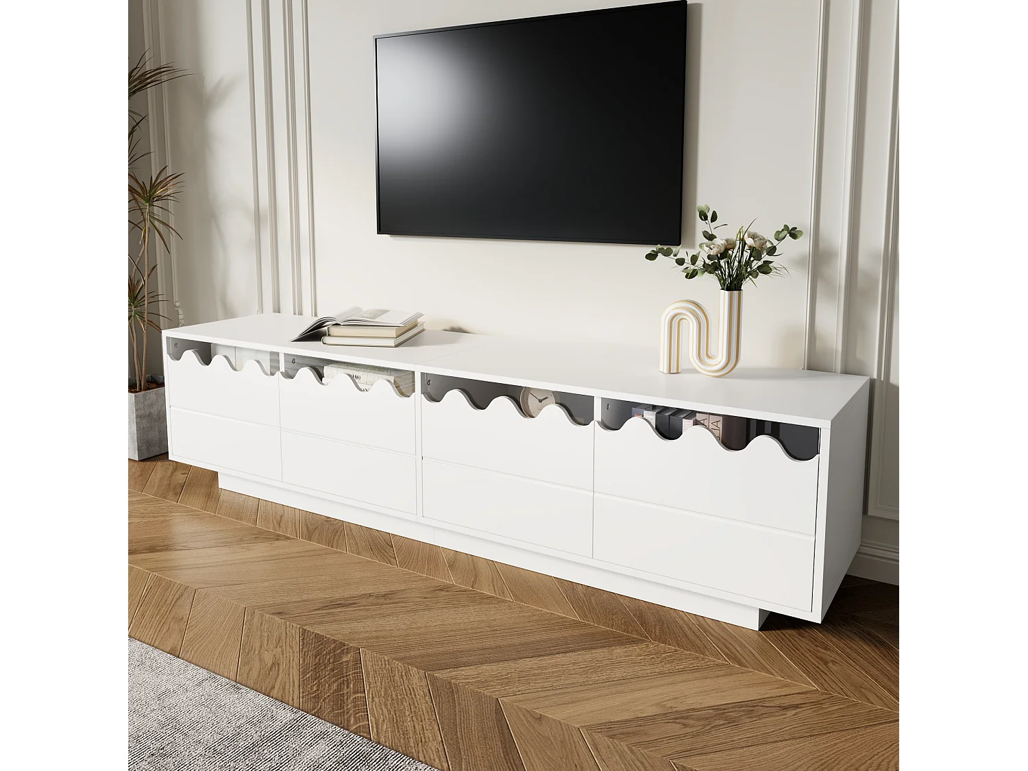Mobile per TV moderno 170x40x45cm - con 4 ante - design ondulato - MDF + pannelli di particelle - Bianco