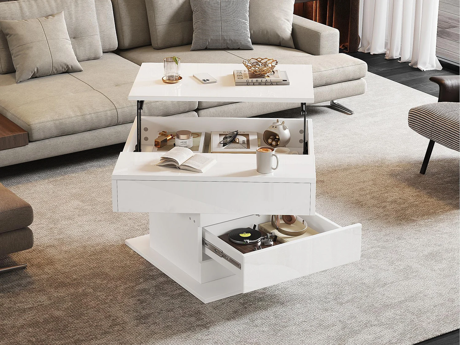 Höhenverstellbarer Couchtisch 70x70x45cm - 360° drehbare Platte - mit 1 Schublade - Versteckter Stauraum - Hochglanzfinish - Weiß