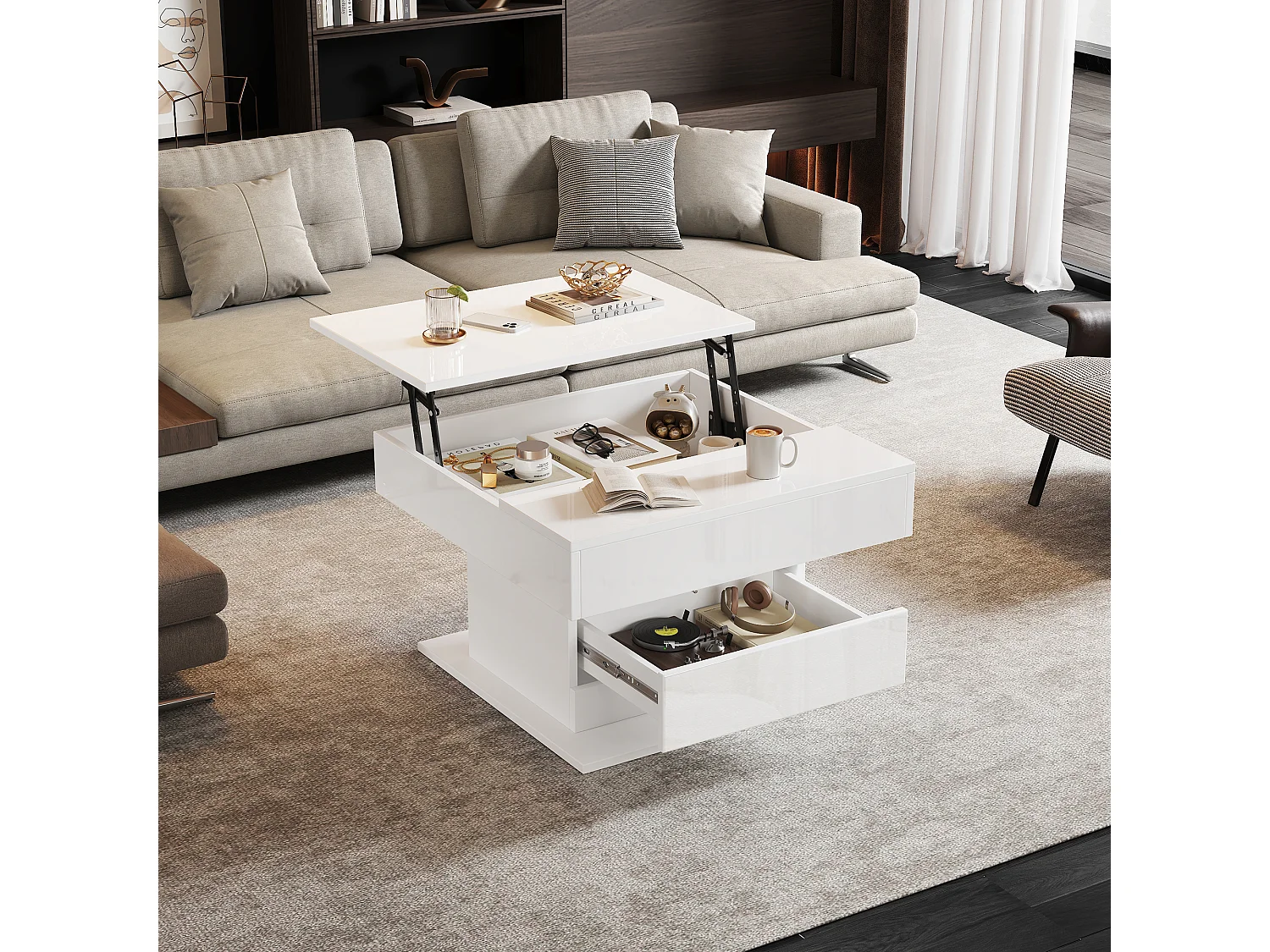 Höhenverstellbarer Couchtisch 70x70x45cm - 360° drehbare Platte - mit 1 Schublade - Versteckter Stauraum - Hochglanzfinish - Weiß