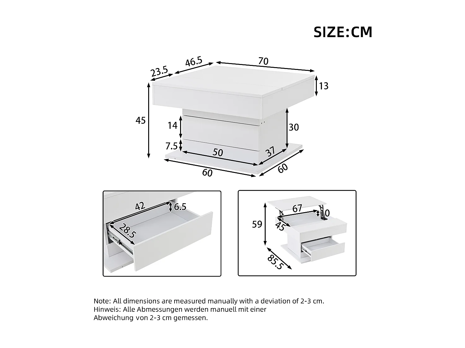Höhenverstellbarer Couchtisch 70x70x45cm - 360° drehbare Platte - mit 1 Schublade - Versteckter Stauraum - Hochglanzfinish - Weiß