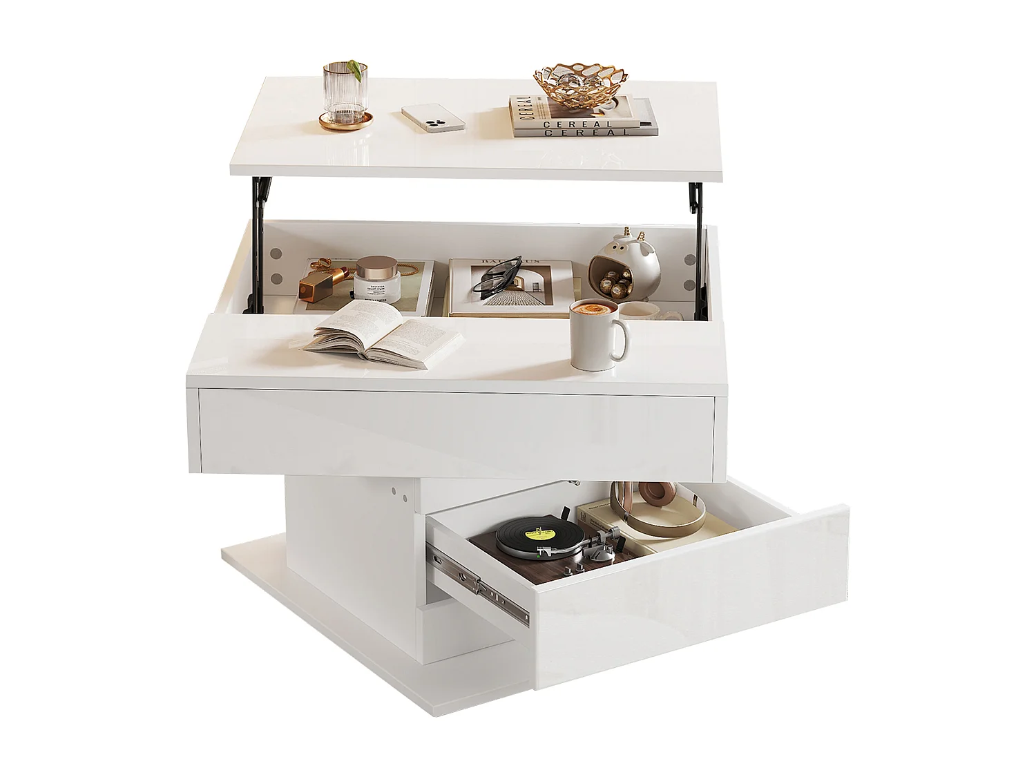Höhenverstellbarer Couchtisch 70x70x45cm - 360° drehbare Platte - mit 1 Schublade - Versteckter Stauraum - Hochglanzfinish - Weiß