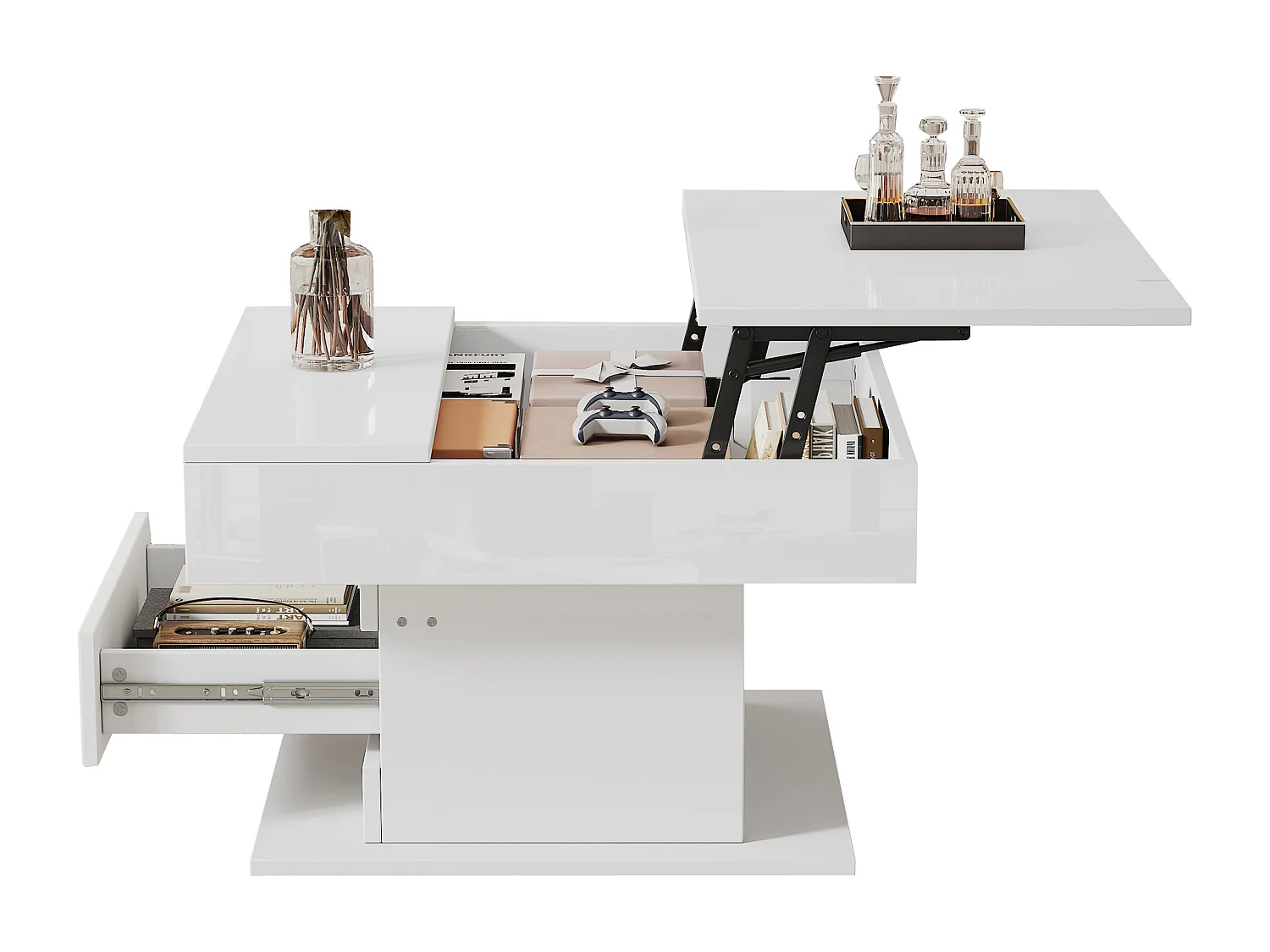 Table basse relevable 70x70x45cm - Plateau pivotant à 360° - avec 1 tiroir - Rangement caché - Finition brillante - Blanc