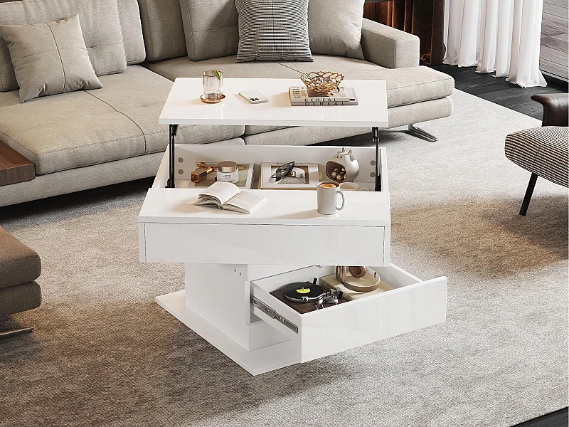 Verstelbare salontafel 70x70x45cm - 360° draaibaar blad - met 1 lade - Verborgen opbergruimte - Glanzafwerking - Wit