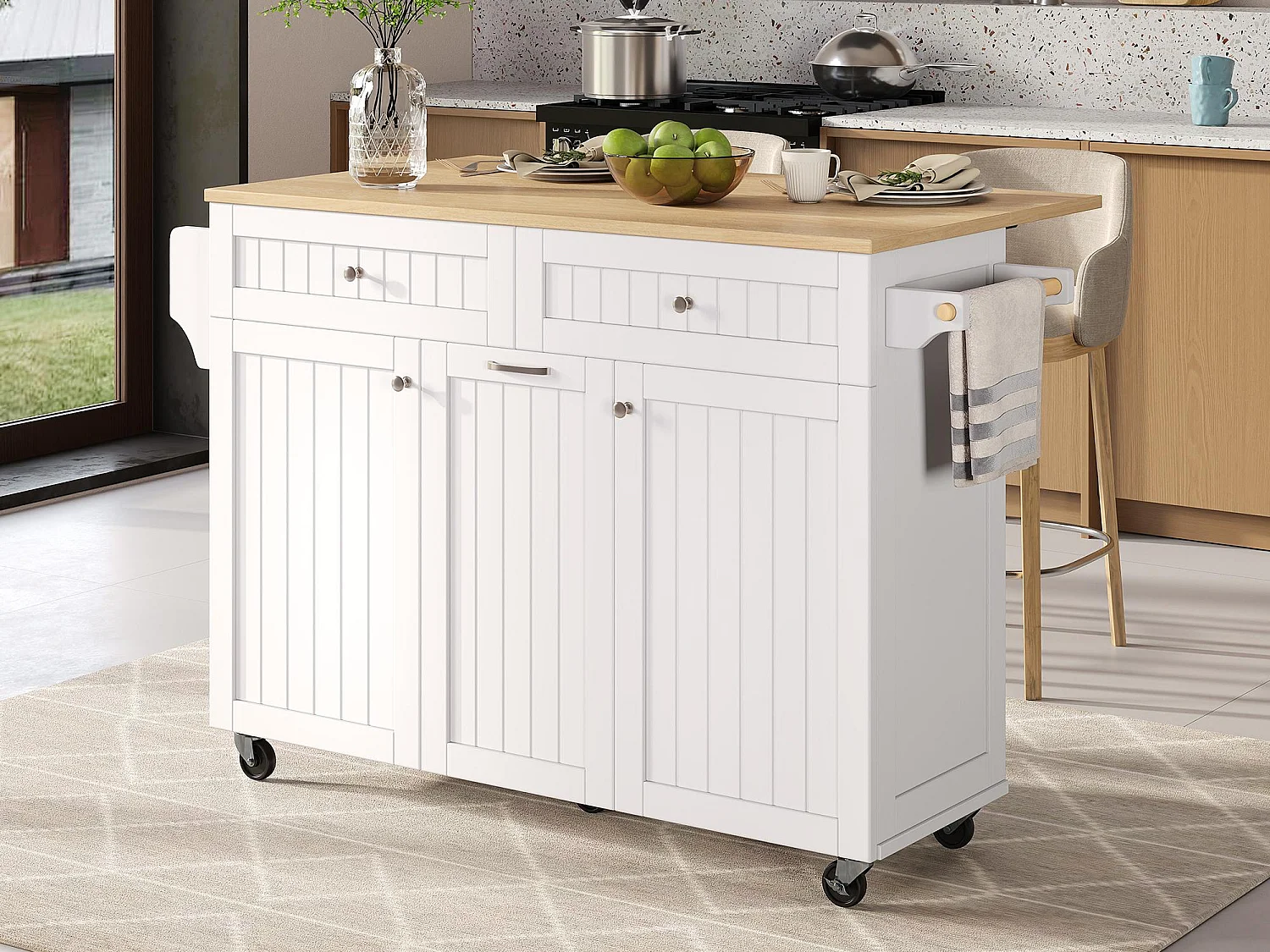 Ilot central de cuisine mobile 140x40x92cm - plateau extensible - espace de rangement multifonctionnel - blanc