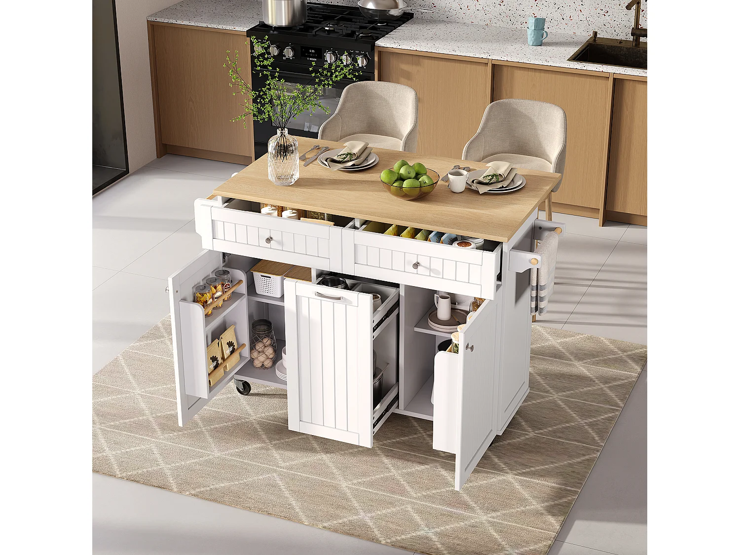 Ilot central de cuisine mobile 140x40x92cm - plateau extensible - espace de rangement multifonctionnel - blanc