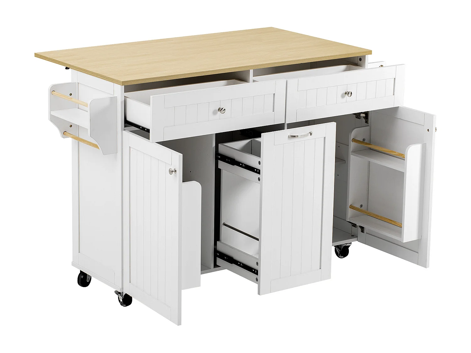 Ilot central de cuisine mobile 140x40x92cm - plateau extensible - espace de rangement multifonctionnel - blanc