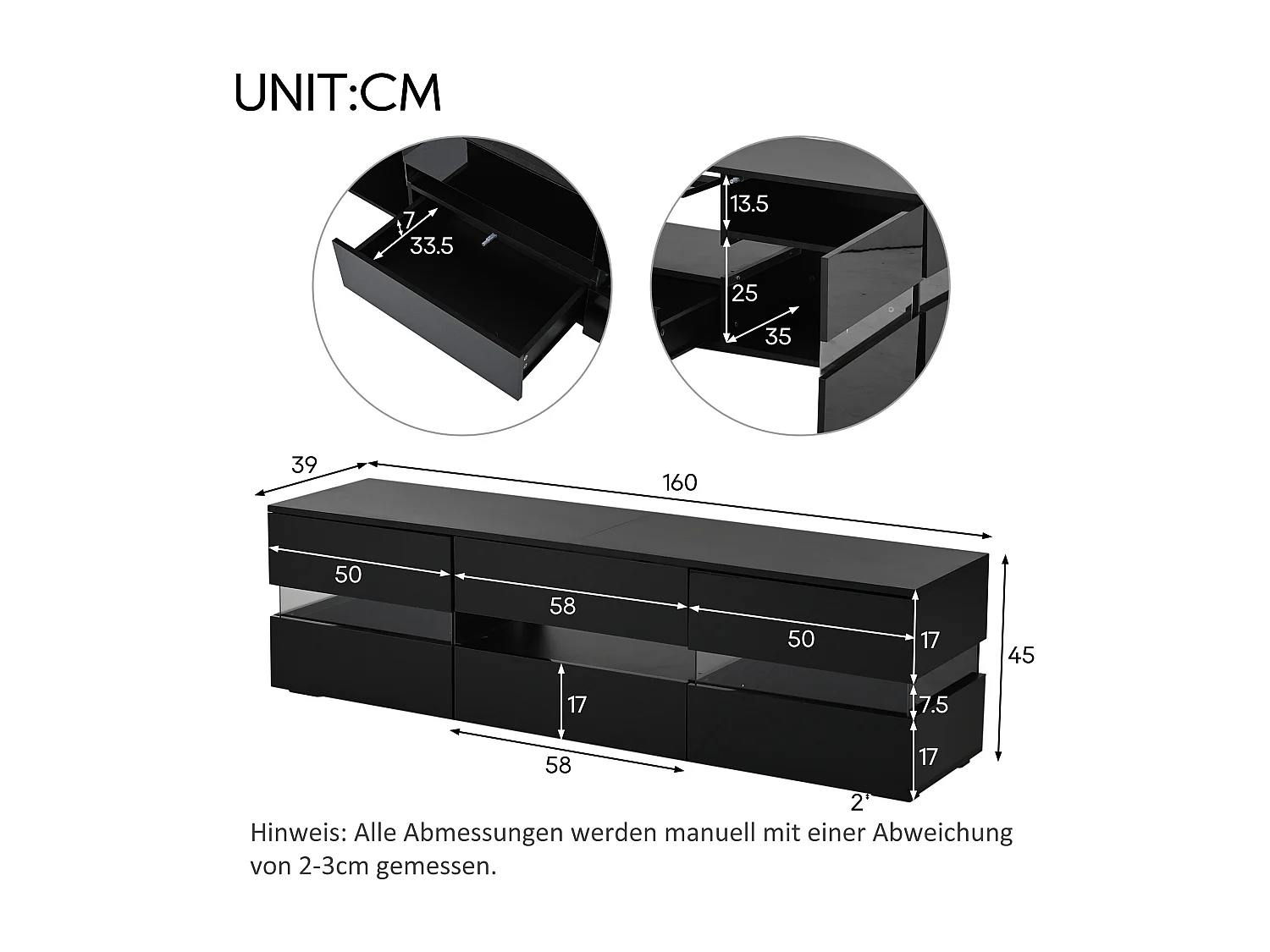 Hochglanz TV-Schrank 160x39x45 cm - mit LED-Beleuchtung - 2 Türen und 1 Schublade - Offene Ablagefächer - Glasfront - Schwarz
