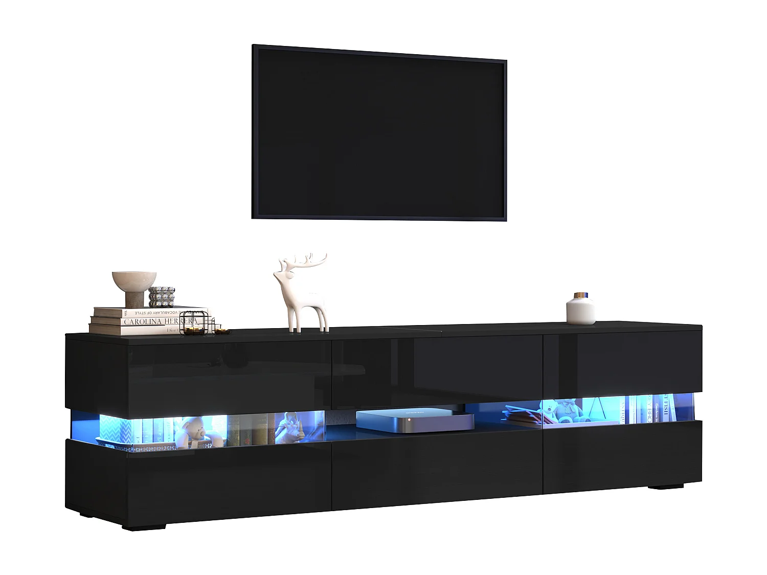 Hochglanz TV-Schrank 160x39x45 cm - mit LED-Beleuchtung - 2 Türen und 1 Schublade - Offene Ablagefächer - Glasfront - Schwarz