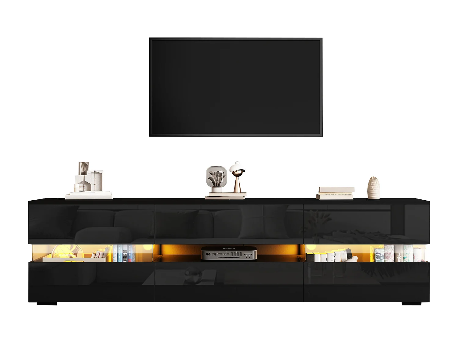 Hochglanz TV-Schrank 160x39x45 cm - mit LED-Beleuchtung - 2 Türen und 1 Schublade - Offene Ablagefächer - Glasfront - Schwarz