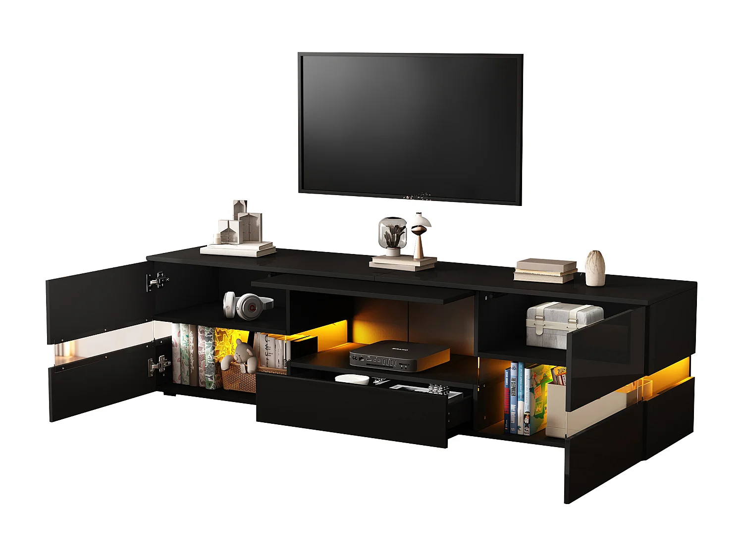 Hochglanz TV-Schrank 160x39x45 cm - mit LED-Beleuchtung - 2 Türen und 1 Schublade - Offene Ablagefächer - Glasfront - Schwarz