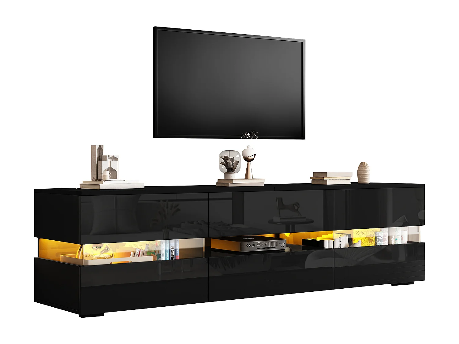 Hochglanz TV-Schrank 160x39x45 cm - mit LED-Beleuchtung - 2 Türen und 1 Schublade - Offene Ablagefächer - Glasfront - Schwarz