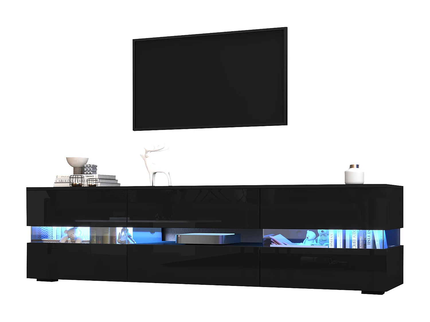 Hochglanz TV-Schrank 160x39x45 cm - mit LED-Beleuchtung - 2 Türen und 1 Schublade - Offene Ablagefächer - Glasfront - Schwarz