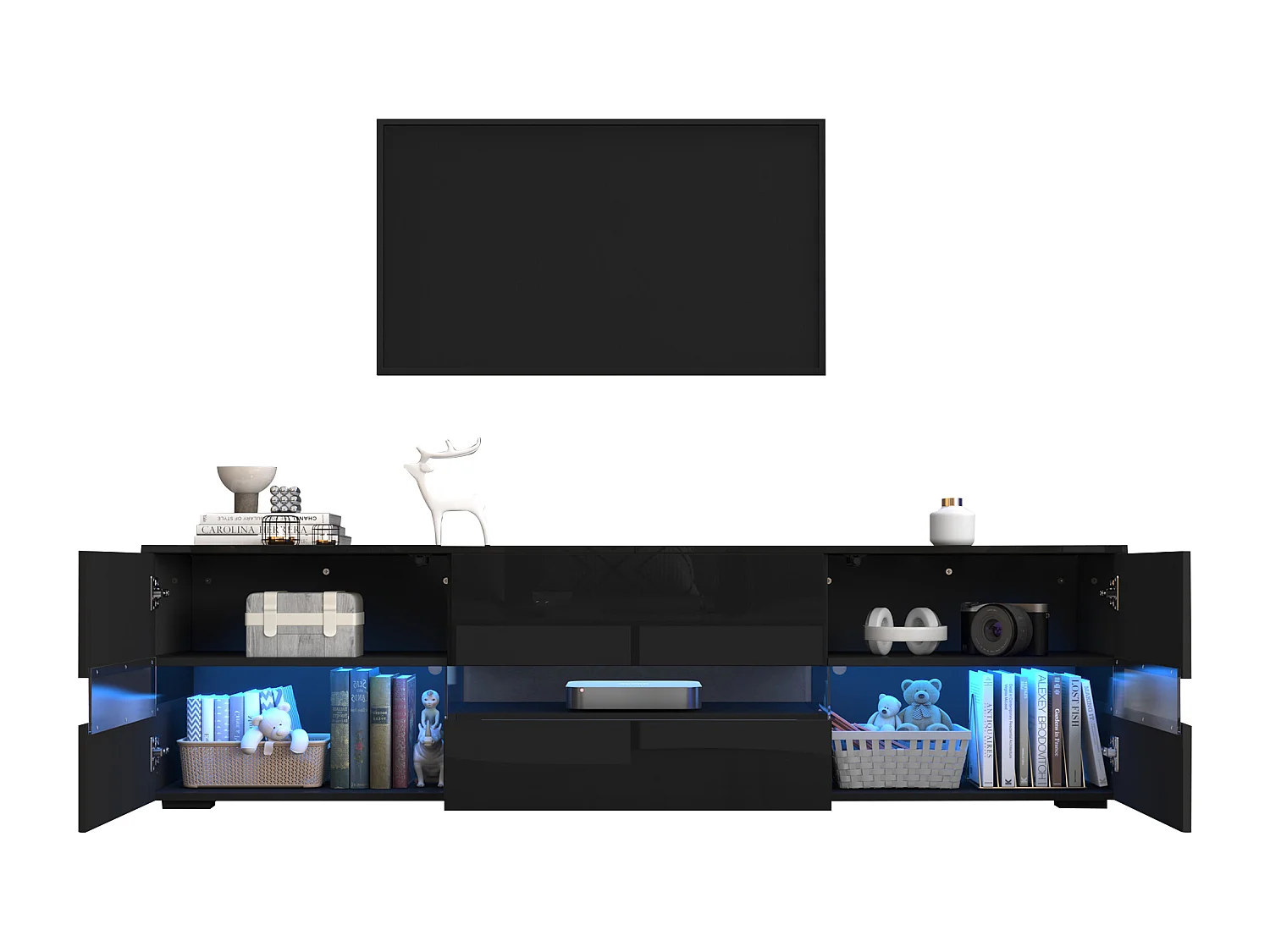 Mobile per TV lucido 160x39x45 cm - con illuminazione LED - 2 ante e 1 cassetto - Ripiani aperti - Pannello in vetro - Nero