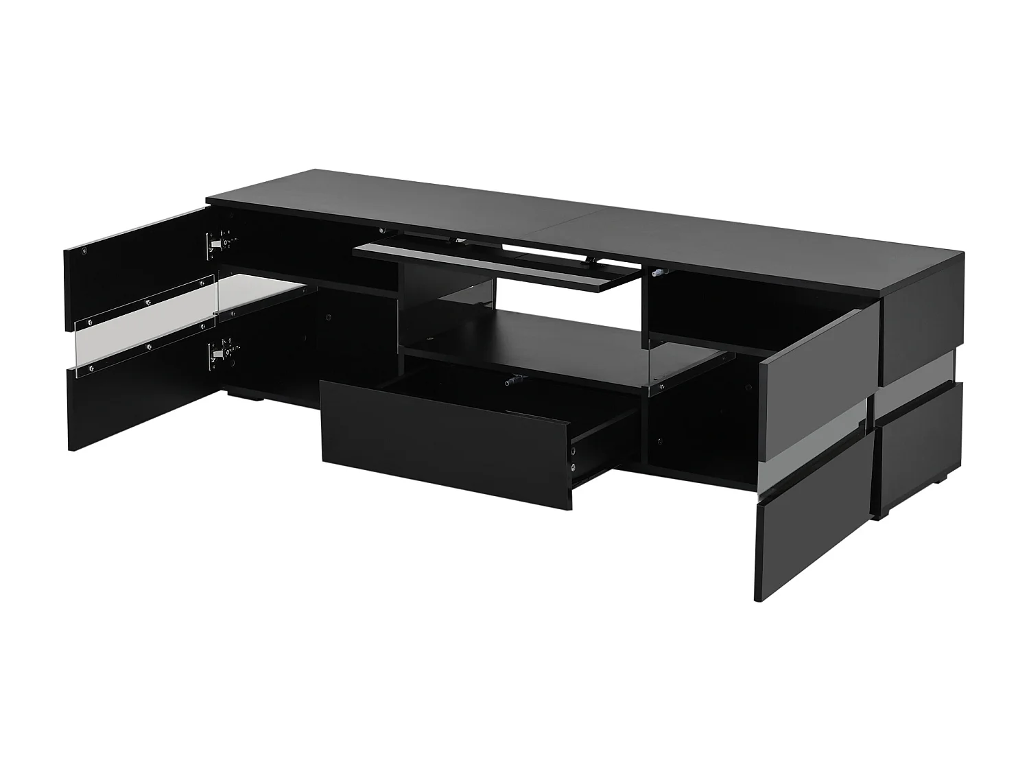 Mobile per TV lucido 160x39x45 cm - con illuminazione LED - 2 ante e 1 cassetto - Ripiani aperti - Pannello in vetro - Nero