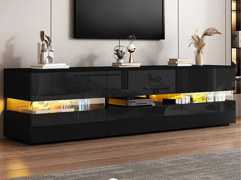 Meuble TV brillant 160x39x45 cm - avec éclairage LED - 2 portes et 1 tiroir - Étagères ouvertes - Panneau en verre - Noir