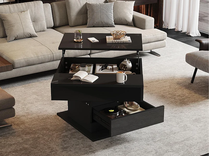 Höhenverstellbarer Couchtisch 70x70x45cm - 360° drehbare Platte - mit 1 Schublade - Versteckter Stauraum - Hochglanzfinish - ​​Schwarz​