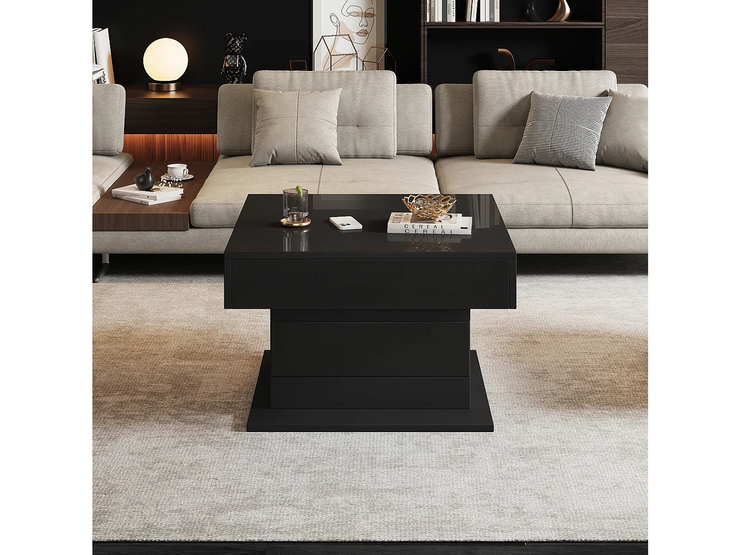 Höhenverstellbarer Couchtisch 70x70x45cm - 360° drehbare Platte - mit 1 Schublade - Versteckter Stauraum - Hochglanzfinish - ​​Schwarz​
