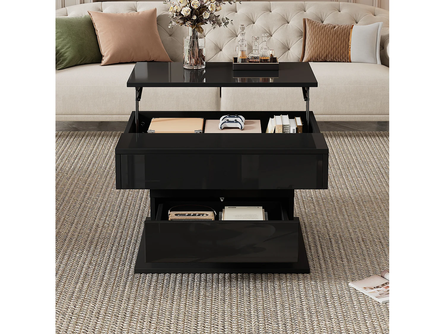 Höhenverstellbarer Couchtisch 70x70x45cm - 360° drehbare Platte - mit 1 Schublade - Versteckter Stauraum - Hochglanzfinish - ​​Schwarz​