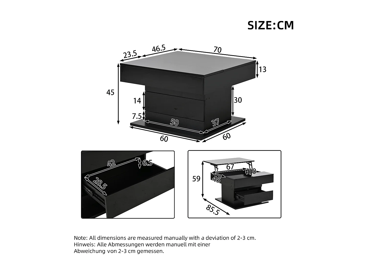 Höhenverstellbarer Couchtisch 70x70x45cm - 360° drehbare Platte - mit 1 Schublade - Versteckter Stauraum - Hochglanzfinish - ​​Schwarz​